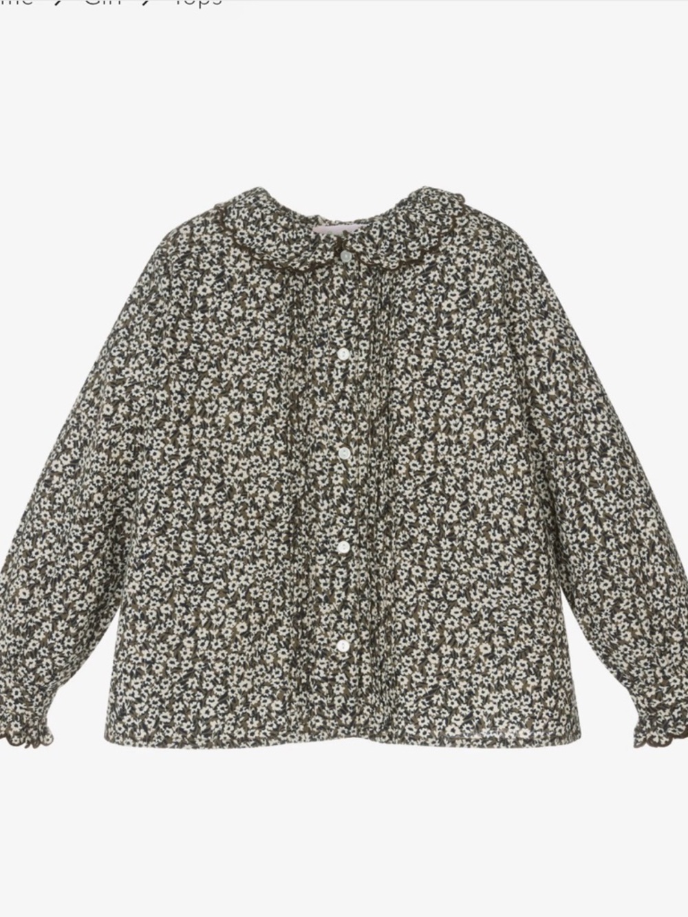 Bonpoint Olive Green and White Floral Button-Front Blouse